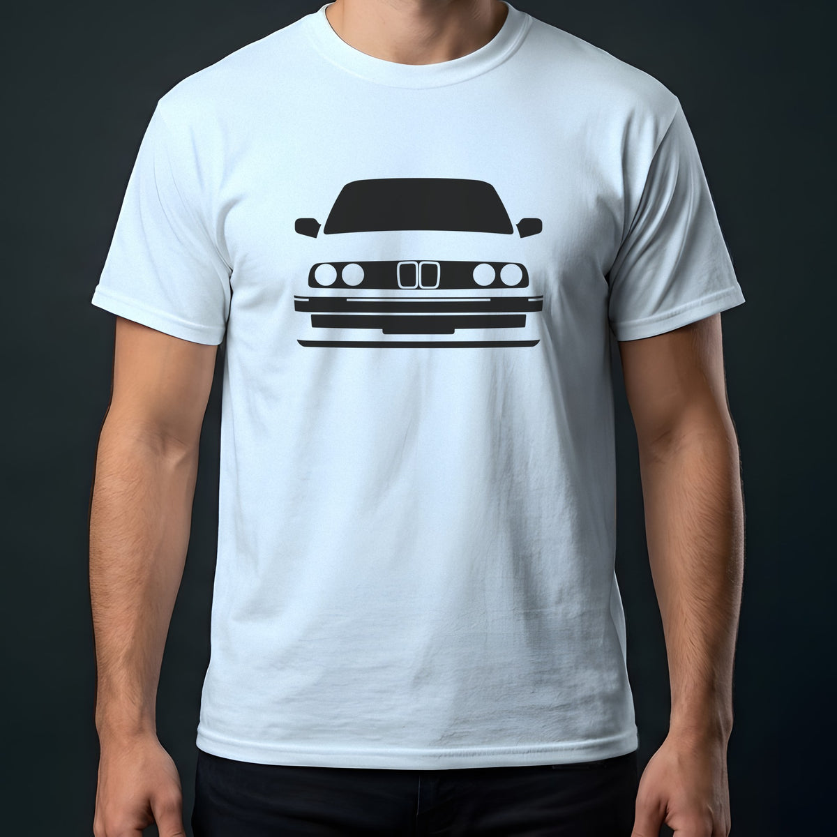 BMW M3 E30 1986-1991 front view t-shirt in Light Blue
