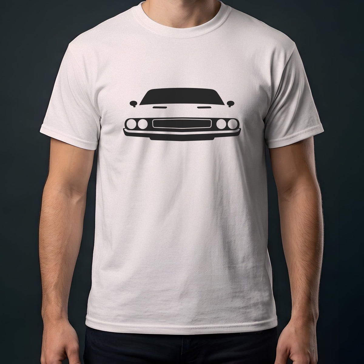 Dodge Challenger 1970-1974 front view t-shirt in Ice Grey