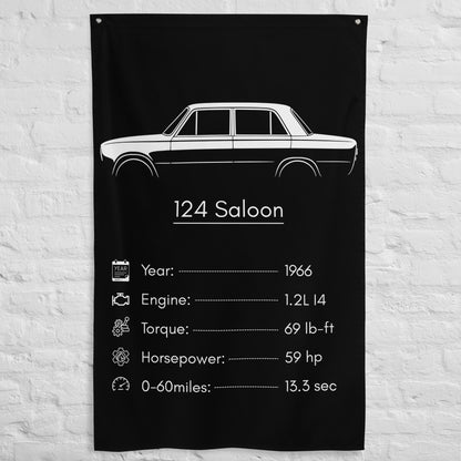 Fiat 124 Saloon 1966 car silhouette spec flag - White Brick Wall