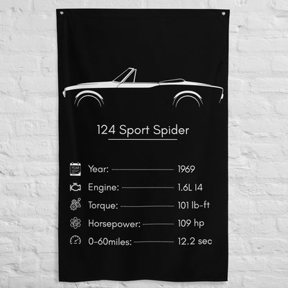 Fiat 124 Sport Spider 1969 car silhouette spec flag - White Brick Wall
