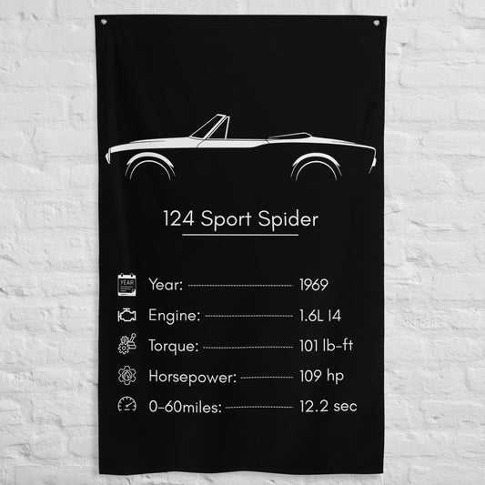 Fiat 124 Sport Spider 1969 car silhouette spec flag - White Brick Wall
