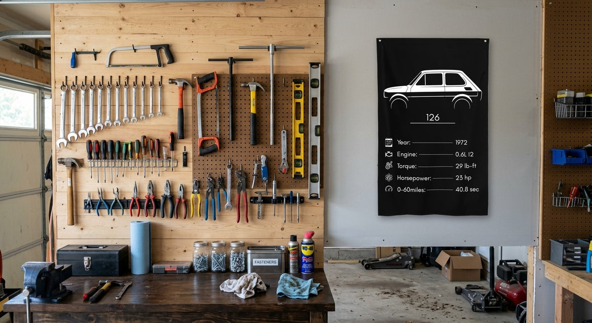 Fiat 126 1972 car silhouette spec flag - Garage Pegboard Wall