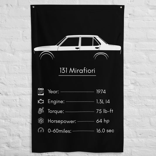 Fiat 131 Mirafiori 1974 car silhouette spec flag - White Brick Wall
