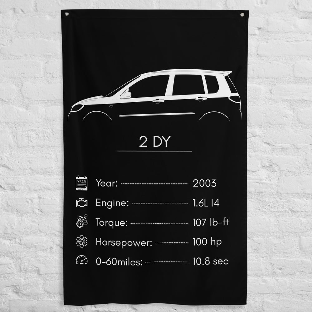 Mazda 2 DY 2003 car silhouette spec flag - White Brick Wall