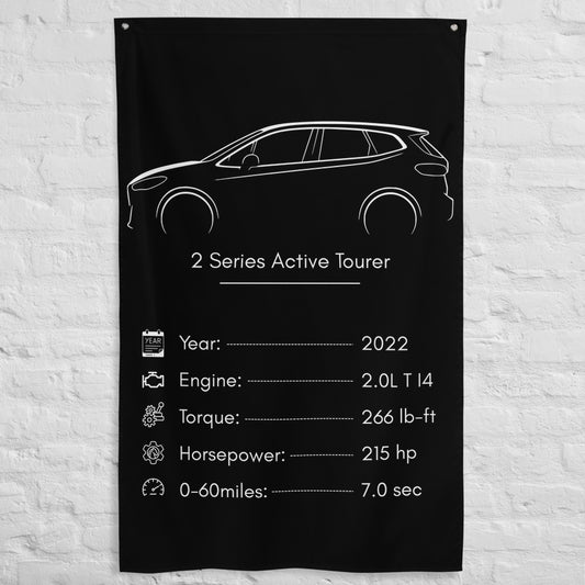 BMW 2 Series Active Tourer 2022 car silhouette spec flag - White Brick Wall