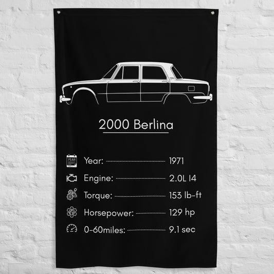 Alfa Romeo 2000 Berlina 1971 car silhouette spec flag - White Brick Wall