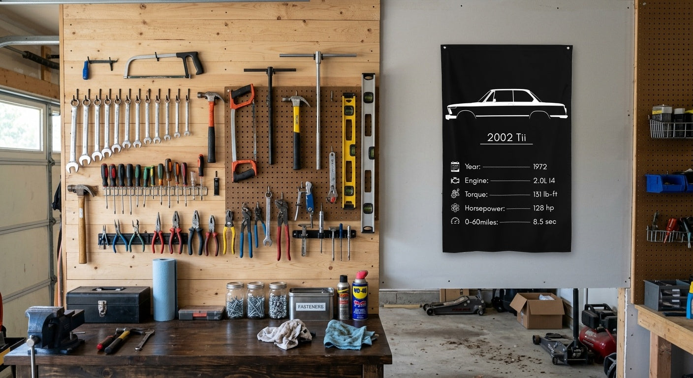 BMW 2002 Tii 1972 car silhouette spec flag - Garage Pegboard Wall