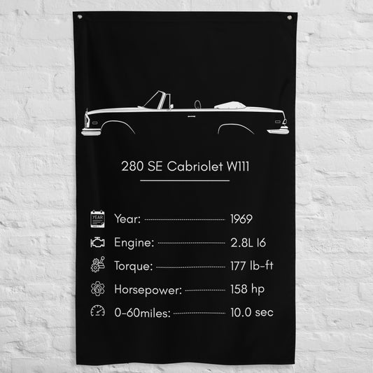 Mercedes-Benz 280 SE Cabriolet W111 1969 car silhouette spec flag - White Brick Wall