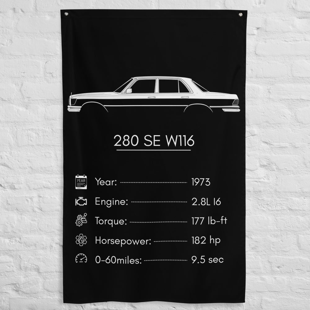 Mercedes-Benz 280 SE W116 1973 car silhouette spec flag - White Brick Wall