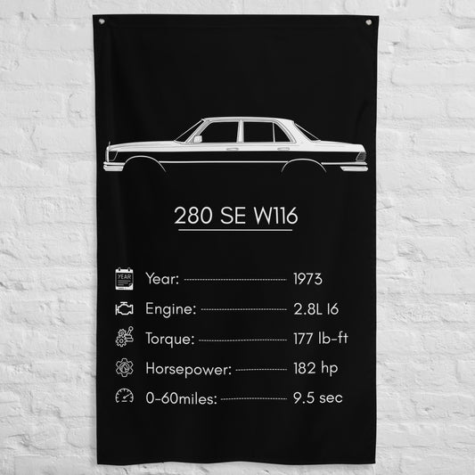 Mercedes-Benz 280 SE W116 1973 car silhouette spec flag - White Brick Wall