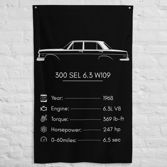 Mercedes-Benz 300 SEL 6.3 W109 1968 car silhouette spec flag - White Brick Wall