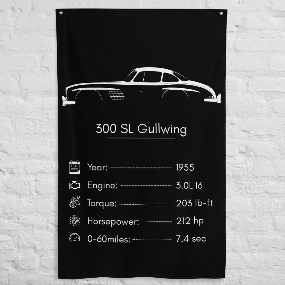 Mercedes-Benz 300 SL Gullwing 1955 car silhouette spec flag - White Brick Wall