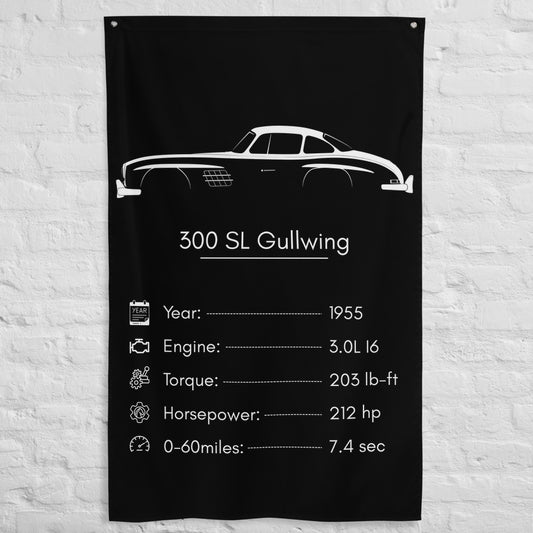 Mercedes-Benz 300 SL Gullwing 1955 car silhouette spec flag - White Brick Wall
