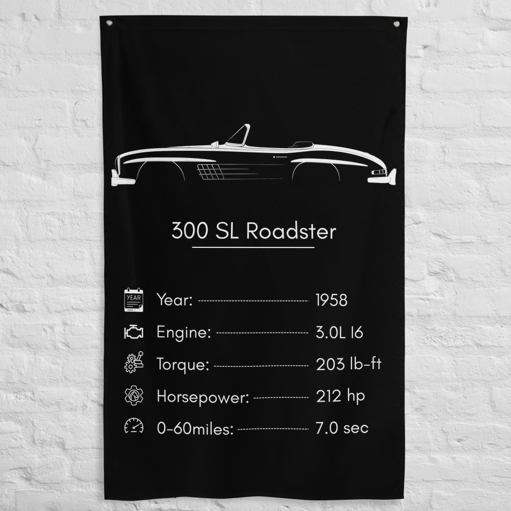 Mercedes-Benz 300 SL Roadster 1958 car silhouette spec flag - White Brick Wall