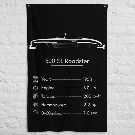Mercedes-Benz 300 SL Roadster 1958 car silhouette spec flag - White Brick Wall