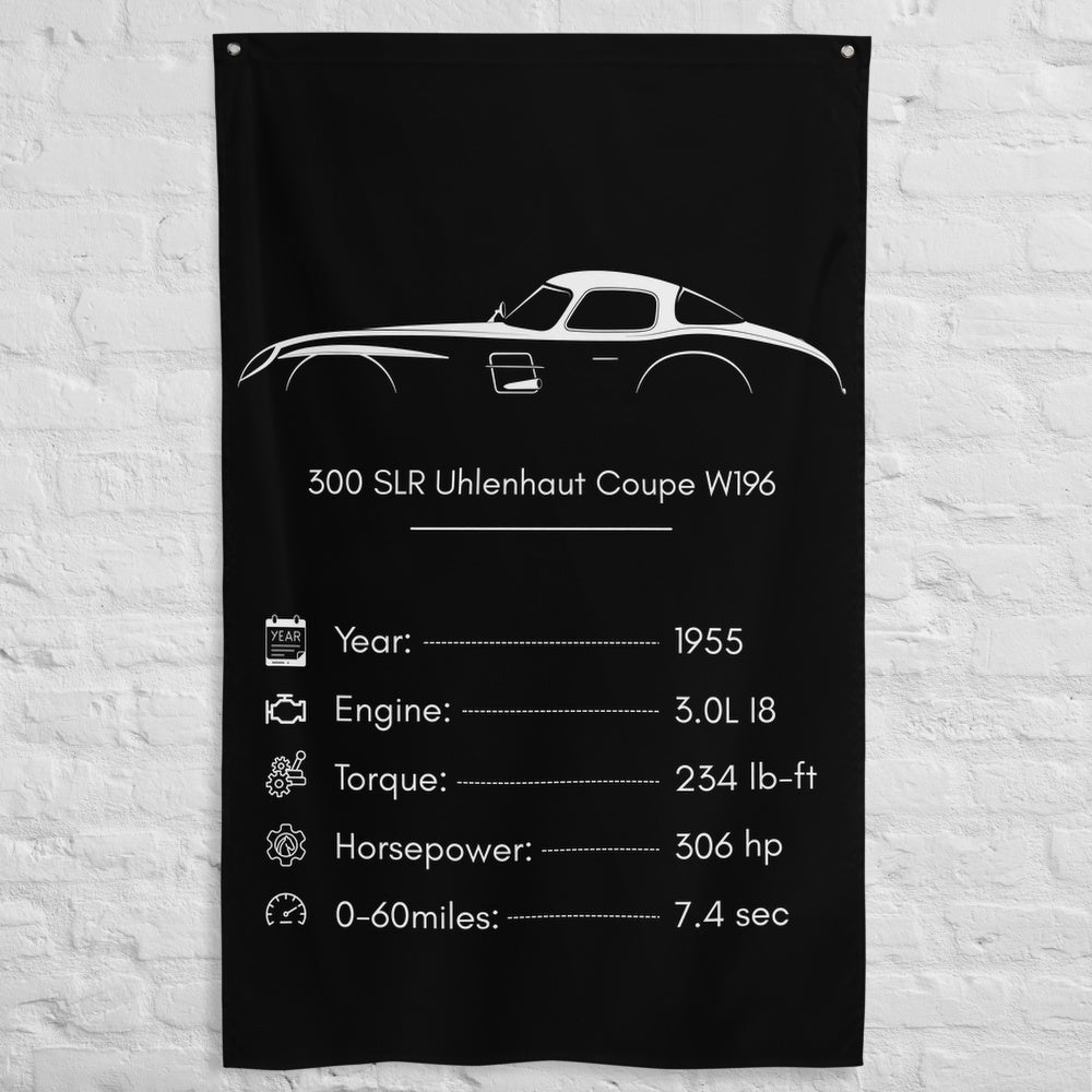 Mercedes-Benz 300 SLR Uhlenhaut Coupe W196 1955 car silhouette spec flag - White Brick Wall