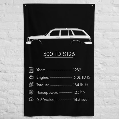 Mercedes-Benz 300 TD S123 1982 car silhouette spec flag - White Brick Wall