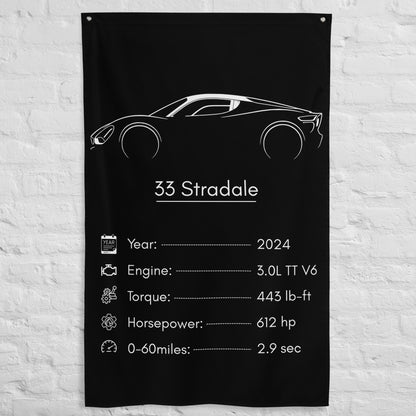 Alfa Romeo 33 Stradale 2024 car silhouette spec flag - White Brick Wall