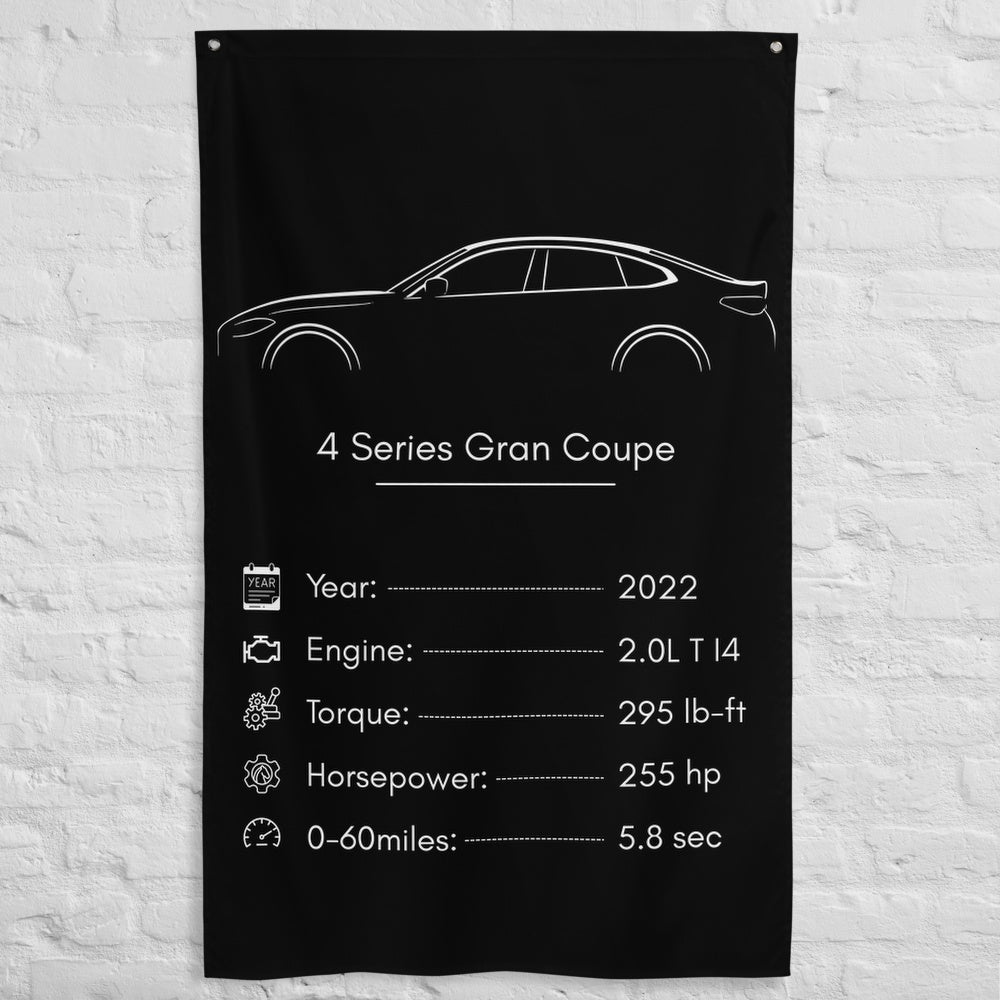 BMW 4 Series Gran Coupe 2022 car silhouette spec flag - White Brick Wall