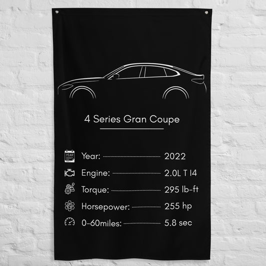 BMW 4 Series Gran Coupe 2022 car silhouette spec flag - White Brick Wall