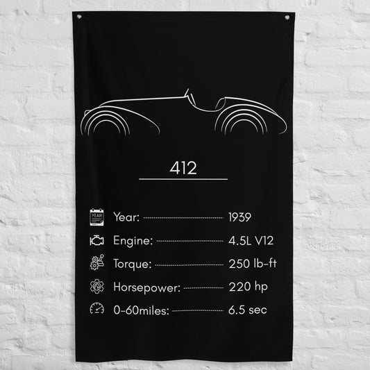Alfa Romeo 412 1939 car silhouette spec flag - White Brick Wall