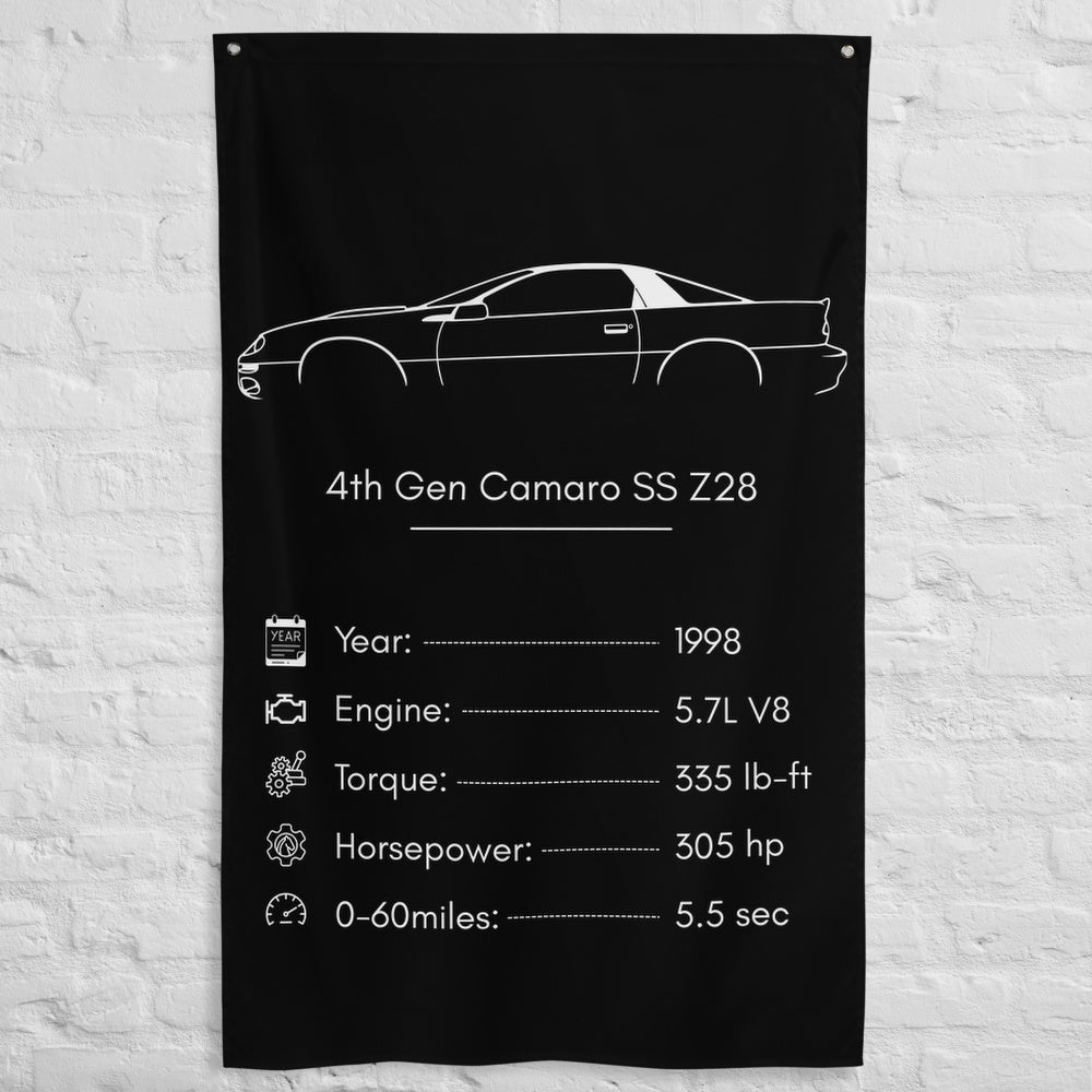 Chevrolet 4th Gen Camaro SS Z28 1998 car silhouette spec flag - White Brick Wall