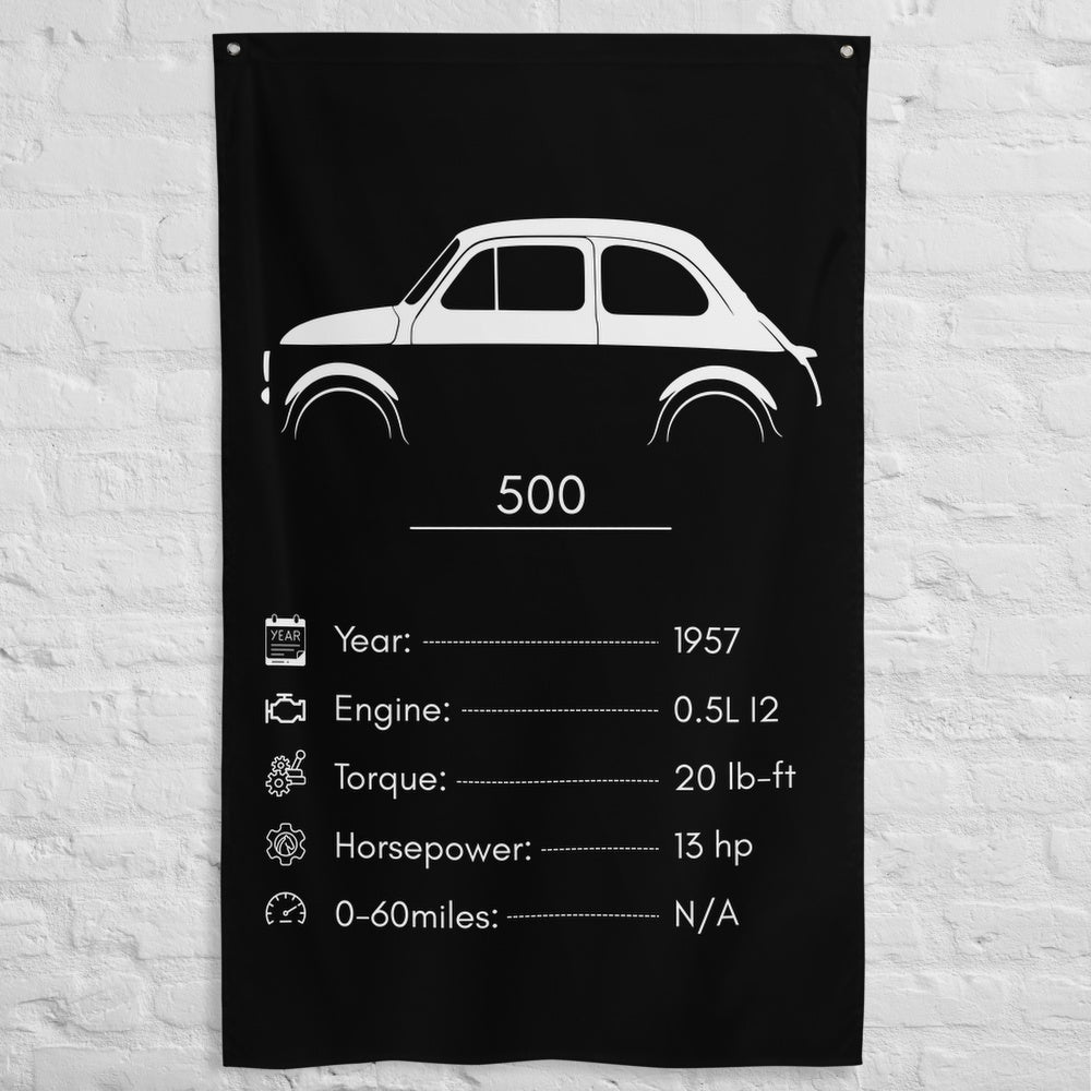 Fiat 500 1957 car silhouette spec flag - White Brick Wall