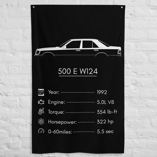 Mercedes-Benz 500 E W124 1992 car silhouette spec flag - White Brick Wall