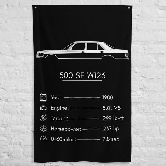 Mercedes-Benz 500 SE W126 1980 car silhouette spec flag - White Brick Wall