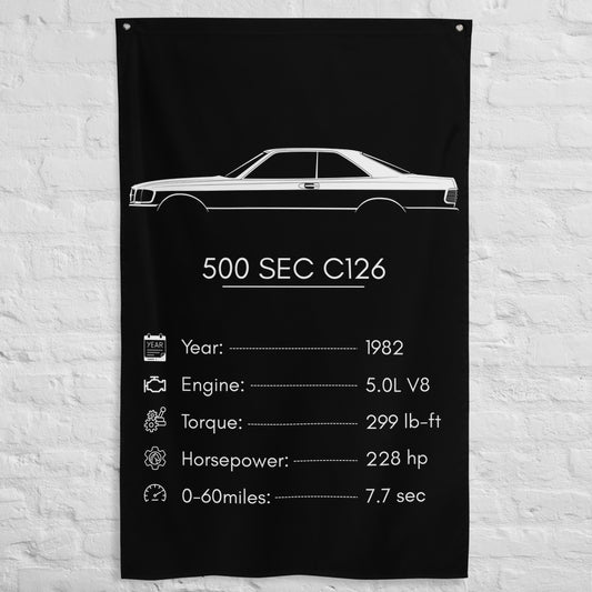 Mercedes-Benz 500 SEC C126 1982 car silhouette spec flag - White Brick Wall