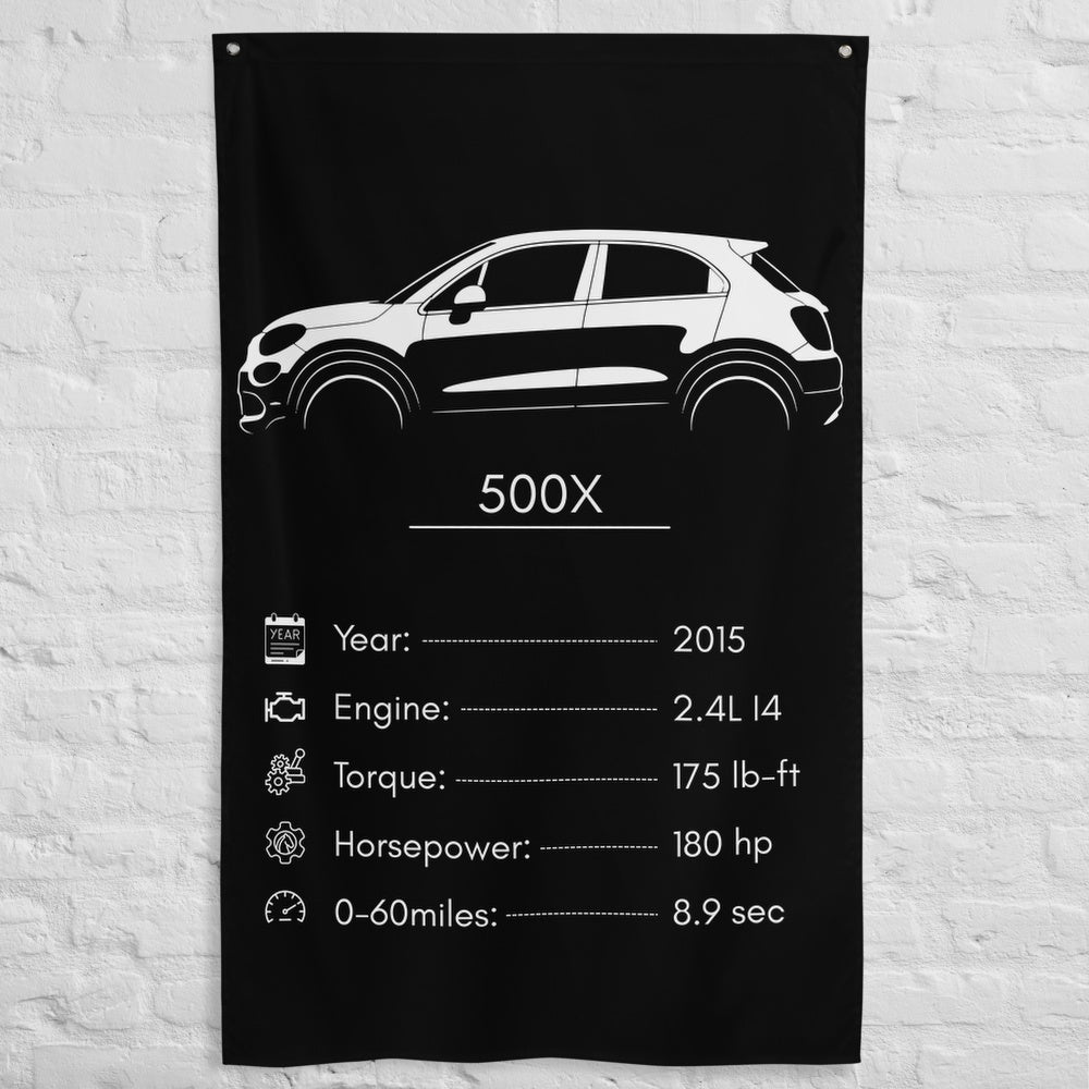 Fiat 500X 2015 car silhouette spec flag - White Brick Wall