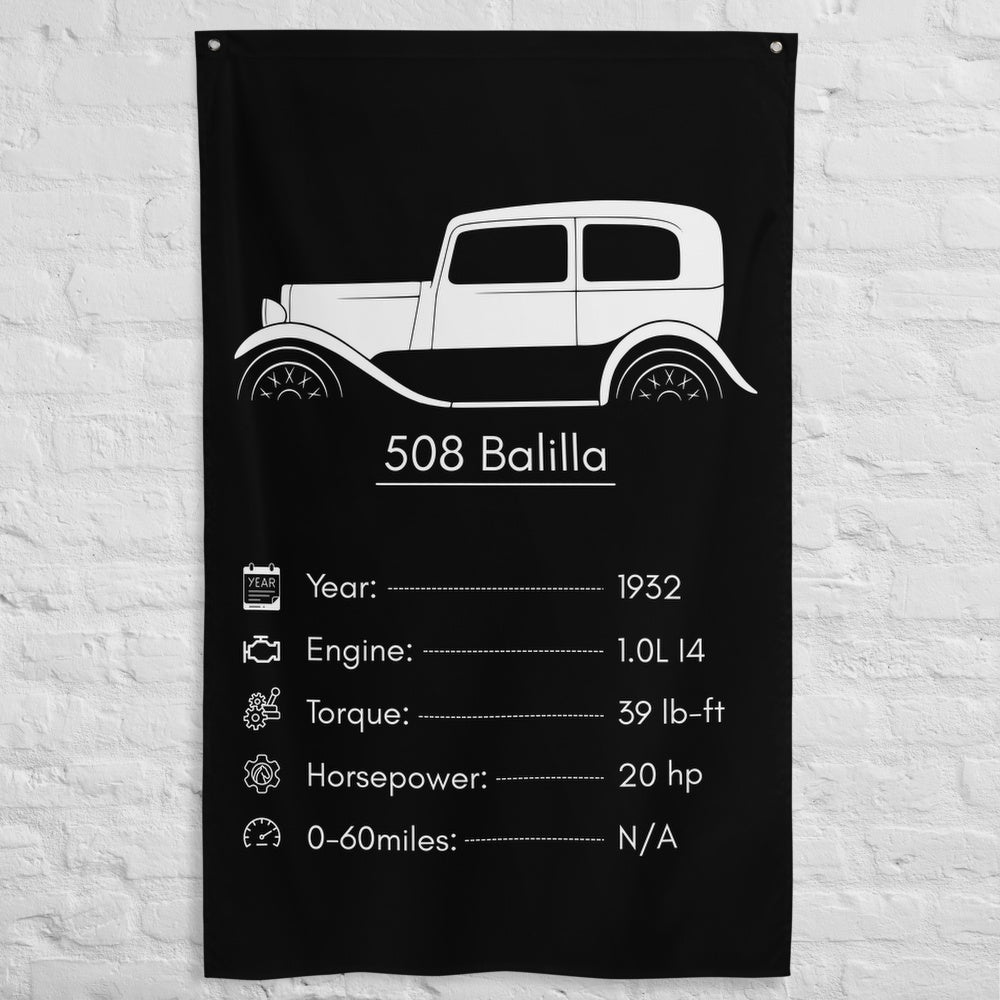 Fiat 508 Balilla 1932 car silhouette spec flag - White Brick Wall