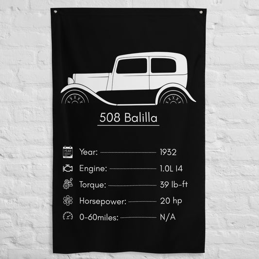 Fiat 508 Balilla 1932 car silhouette spec flag - White Brick Wall