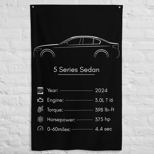 BMW 5 Series Sedan 2024 car silhouette spec flag - White Brick Wall