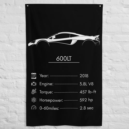McLaren 600LT 2018 car silhouette spec flag - White Brick Wall