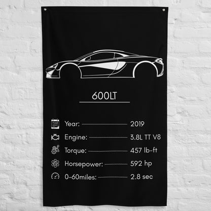 McLaren 600LT 2019 car silhouette spec flag - White Brick Wall