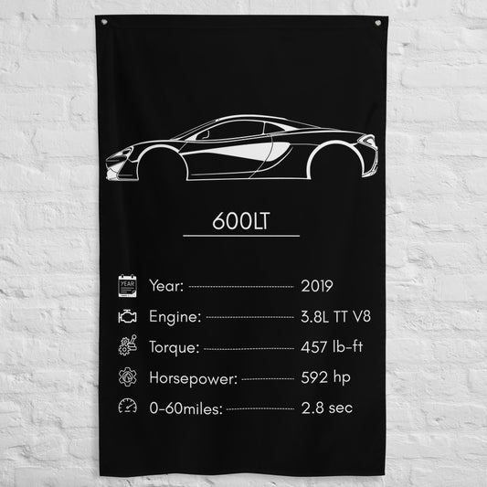 McLaren 600LT 2019 car silhouette spec flag - White Brick Wall