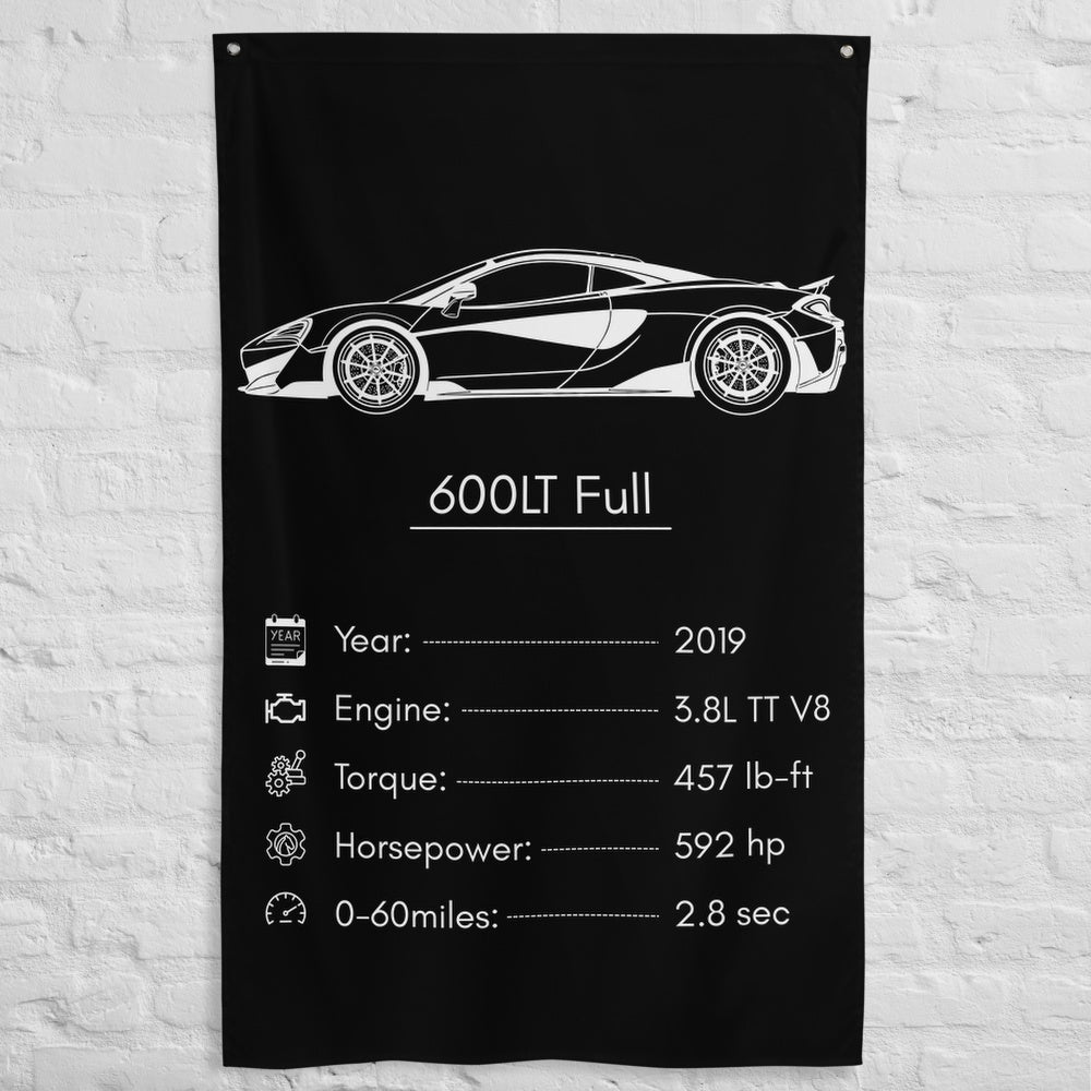 McLaren 600LT Full 2019 car silhouette spec flag - White Brick Wall