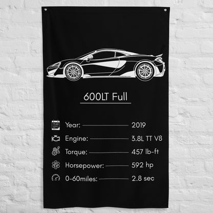 McLaren 600LT Full 2019 car silhouette spec flag - White Brick Wall