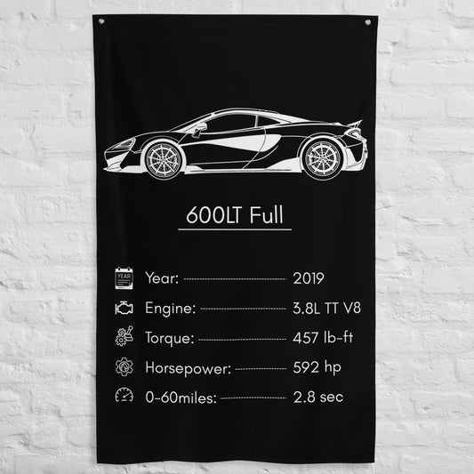McLaren 600LT Full 2019 car silhouette spec flag - White Brick Wall
