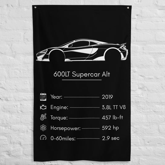 McLaren 600LT Supercar 2019 car silhouette spec flag - White Brick Wall