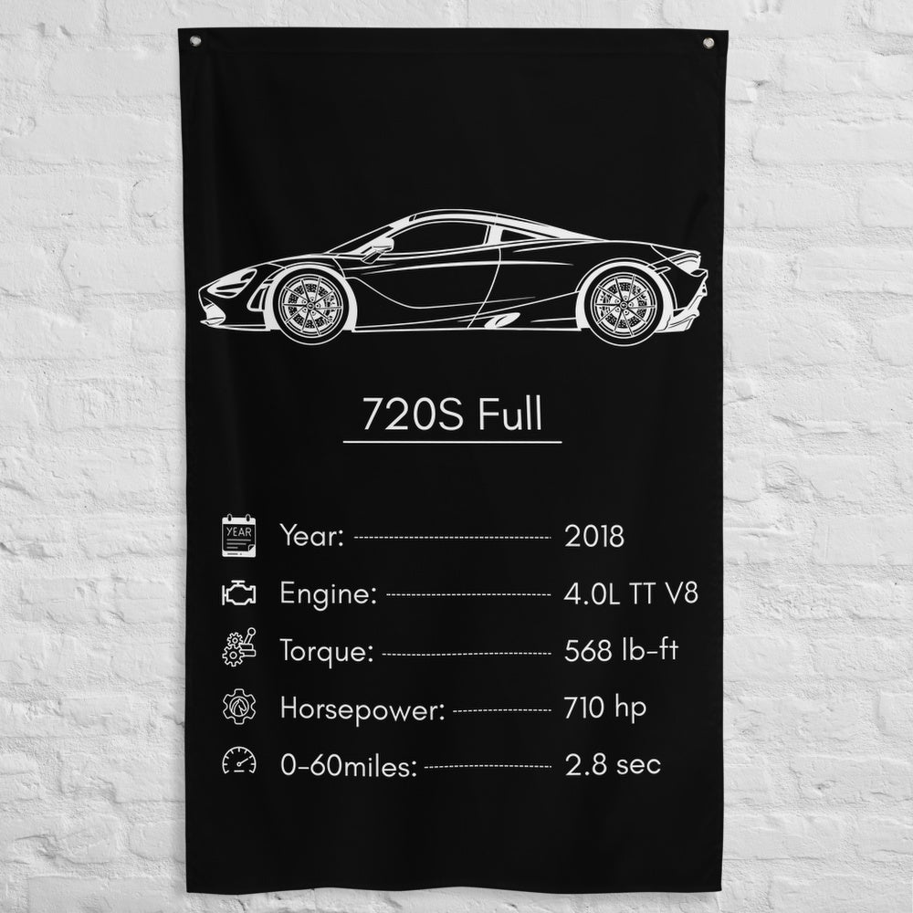 McLaren 720S Full 2018 car silhouette spec flag - White Brick Wall