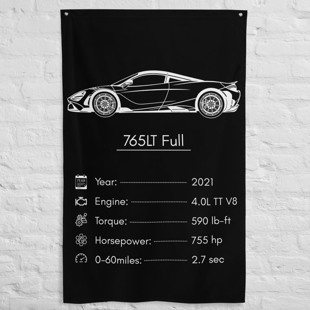 McLaren 765LT Full 2021 car silhouette spec flag - White Brick Wall
