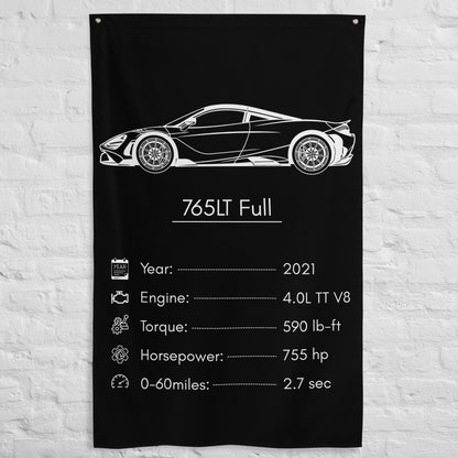 McLaren 765LT Full 2021 car silhouette spec flag - White Brick Wall