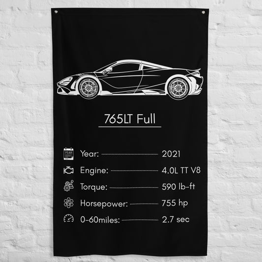 McLaren 765LT Full 2021 car silhouette spec flag - White Brick Wall