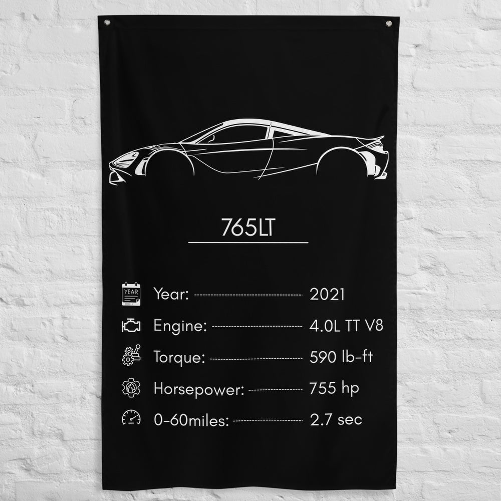 McLaren 765LT 2021 car silhouette spec flag - White Brick Wall