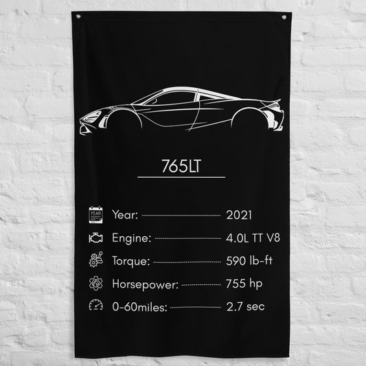 McLaren 765LT 2021 car silhouette spec flag - White Brick Wall