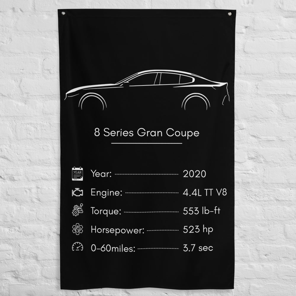 BMW 8 Series Gran Coupe 2020 car silhouette spec flag - White Brick Wall