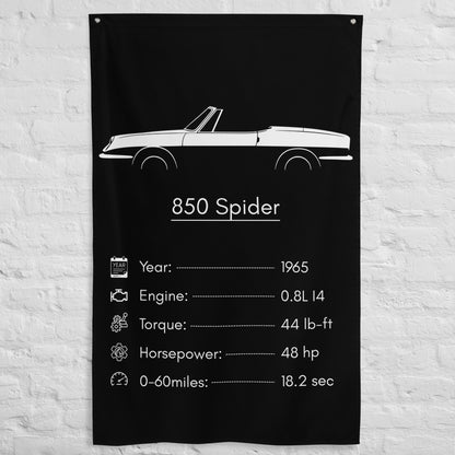 Fiat 850 Spider 1965 car silhouette spec flag - White Brick Wall