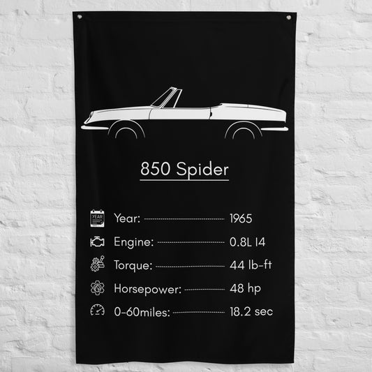 Fiat 850 Spider 1965 car silhouette spec flag - White Brick Wall
